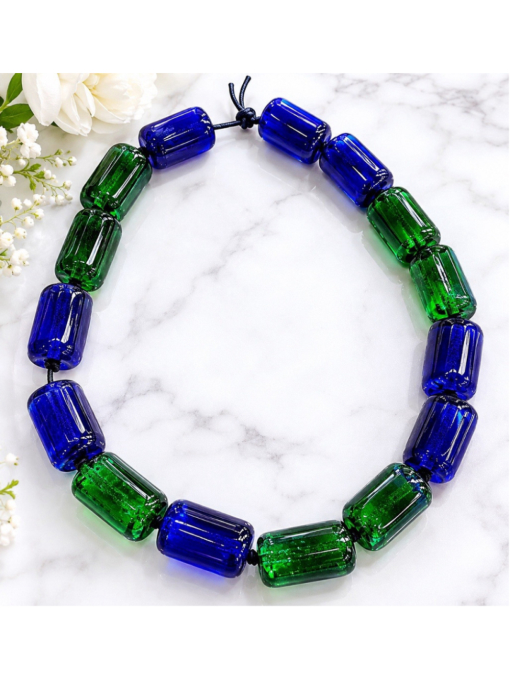 Vintage Oversized Art Glass Bead Strand Blue Green Decorative 11.5” 10oz